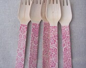 20 Pink Damask Print Wooden FORKS Party Cutlery