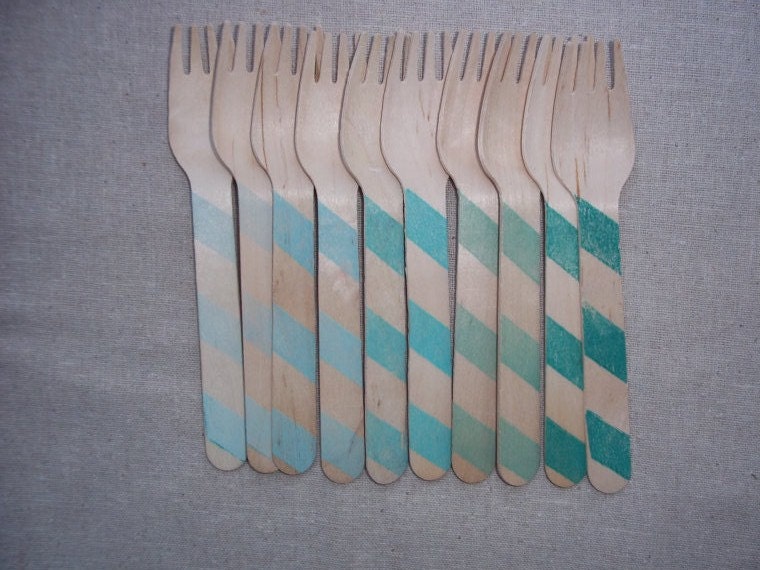 20 Aqua Blue Ombre Stripes Wooden Spoons or Forks  Party Cutlery