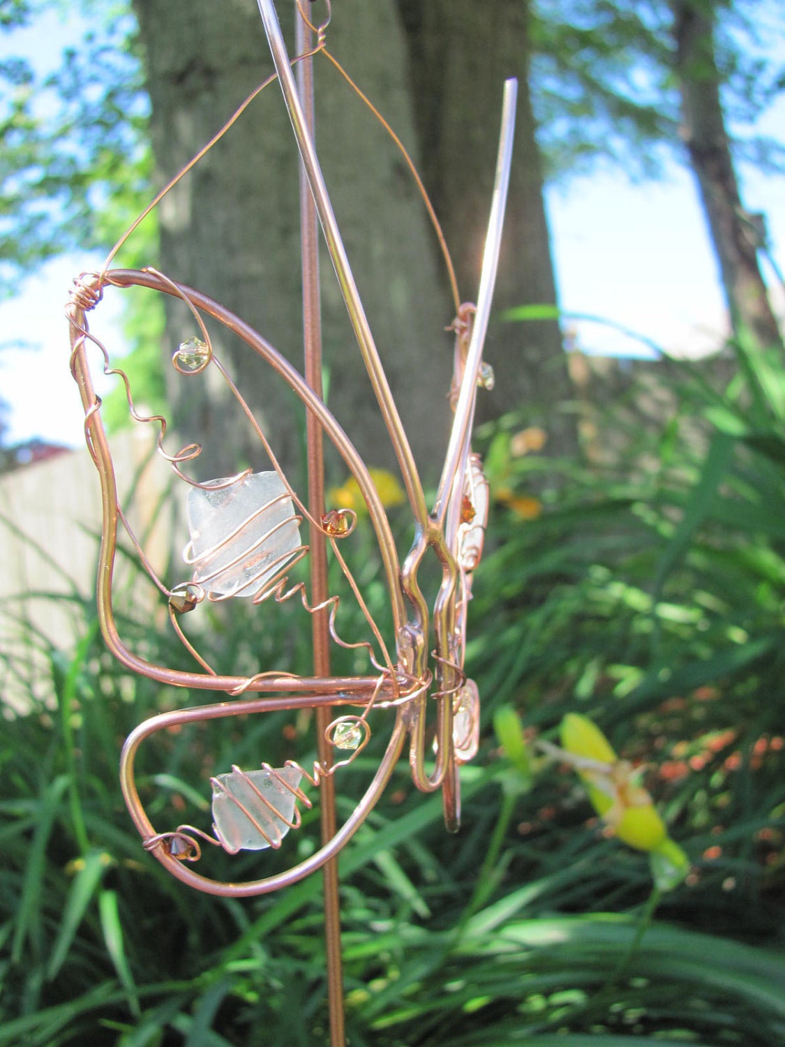 Copper wire butterfly garden plant stake suncatcher, sea glass, garden