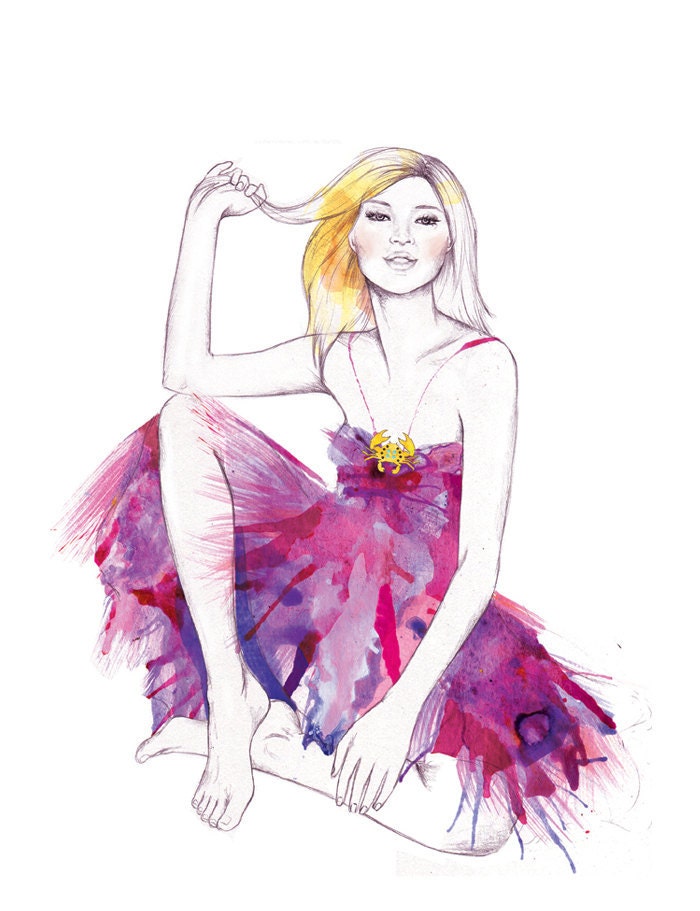 Watercolor pencil fashion print Woman in purple dress A4