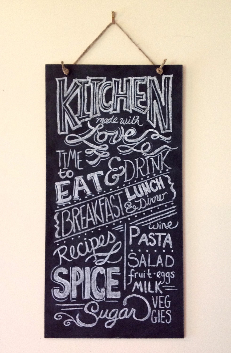 Hand Painted Kitchen Typography Chalkboard Art - 10 x 20 - Ready to Hang with Twine - Wedding Housewarming Gift