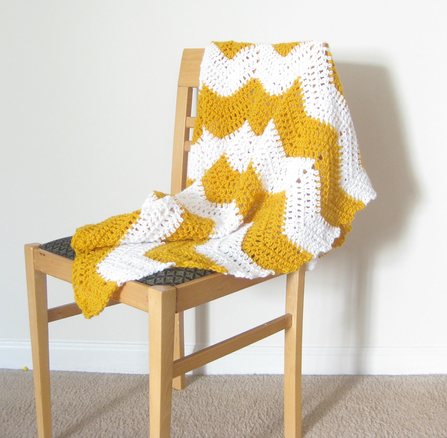 Chevron Throw Blanket--Mustard Yellow and White Zig Zag Afghan MADE TO ORDER