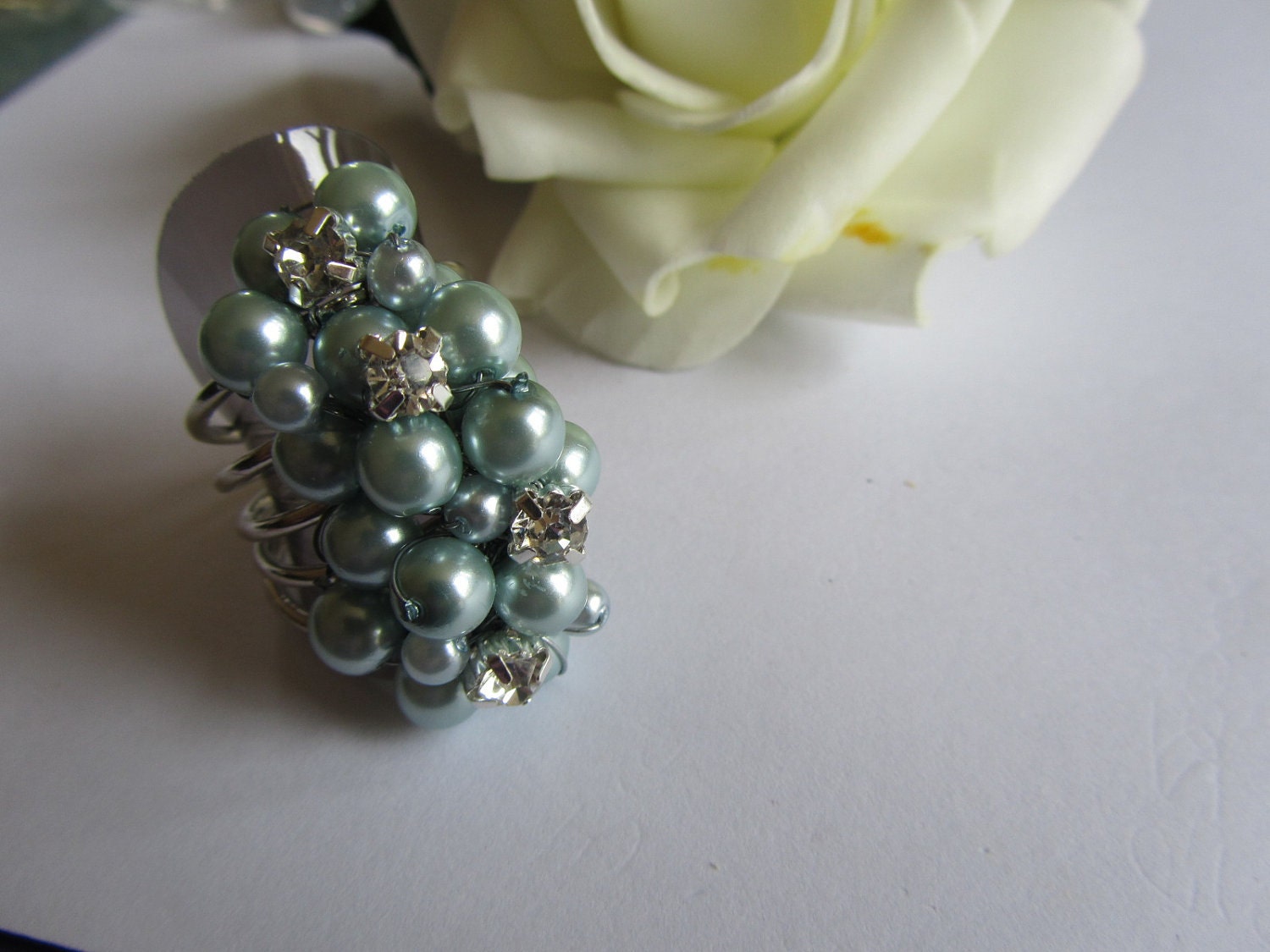 Bespoke Chunky Soft blue and sparkles pearl adjustable ring Wow statement piece glitz and glam great Birthday gift or even Christmas gift