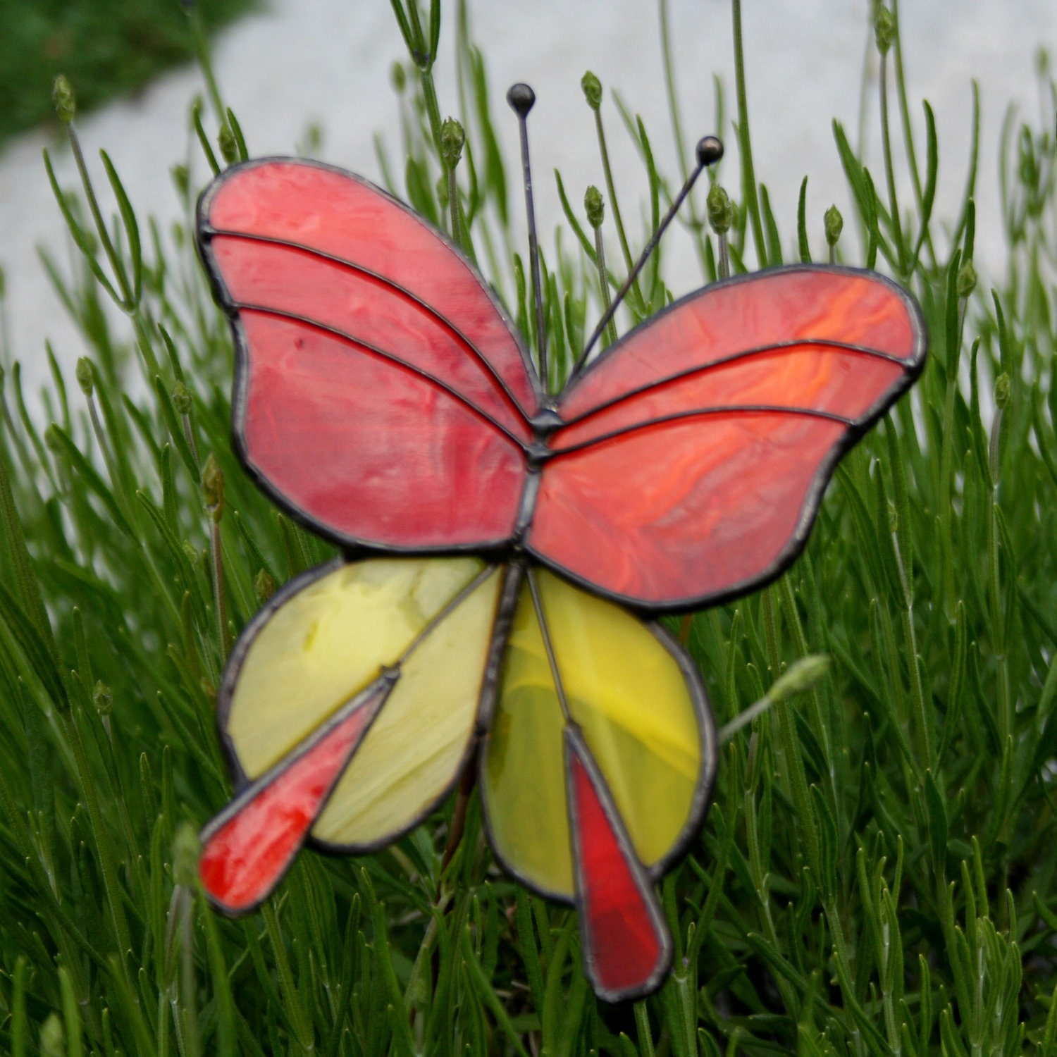 Stained Glass Butterfly Garden Ornament, Orange and Yellow