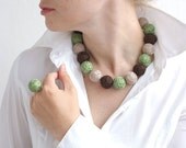 Green brown beige beaded balls set - long necklace thread cotton and ring for her fiber natural pastel