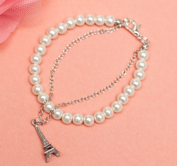 SILVER Eiffel Tower - Ooh La La Pearl & Chain Charm Bracelet