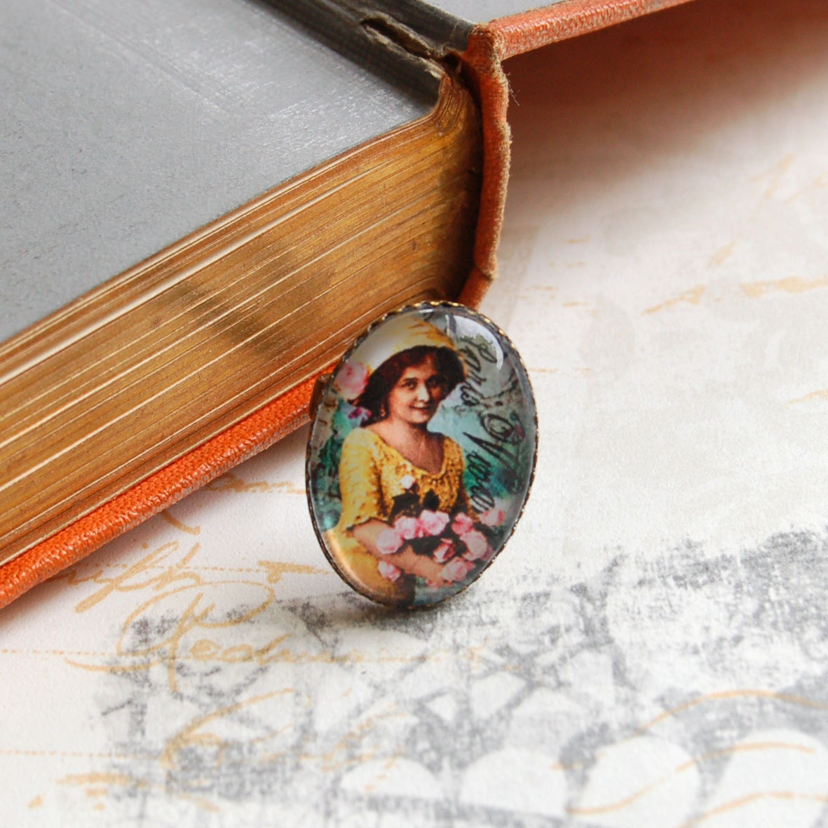 Lady Cameo Ring 'Lucille' - Modern Vintage Bronze Ring Victorian inspired digital collage