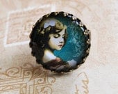 Blue Cameo Ring 'Clara' - Modern Vintage Bronze Ring Victorian inspired digital collage