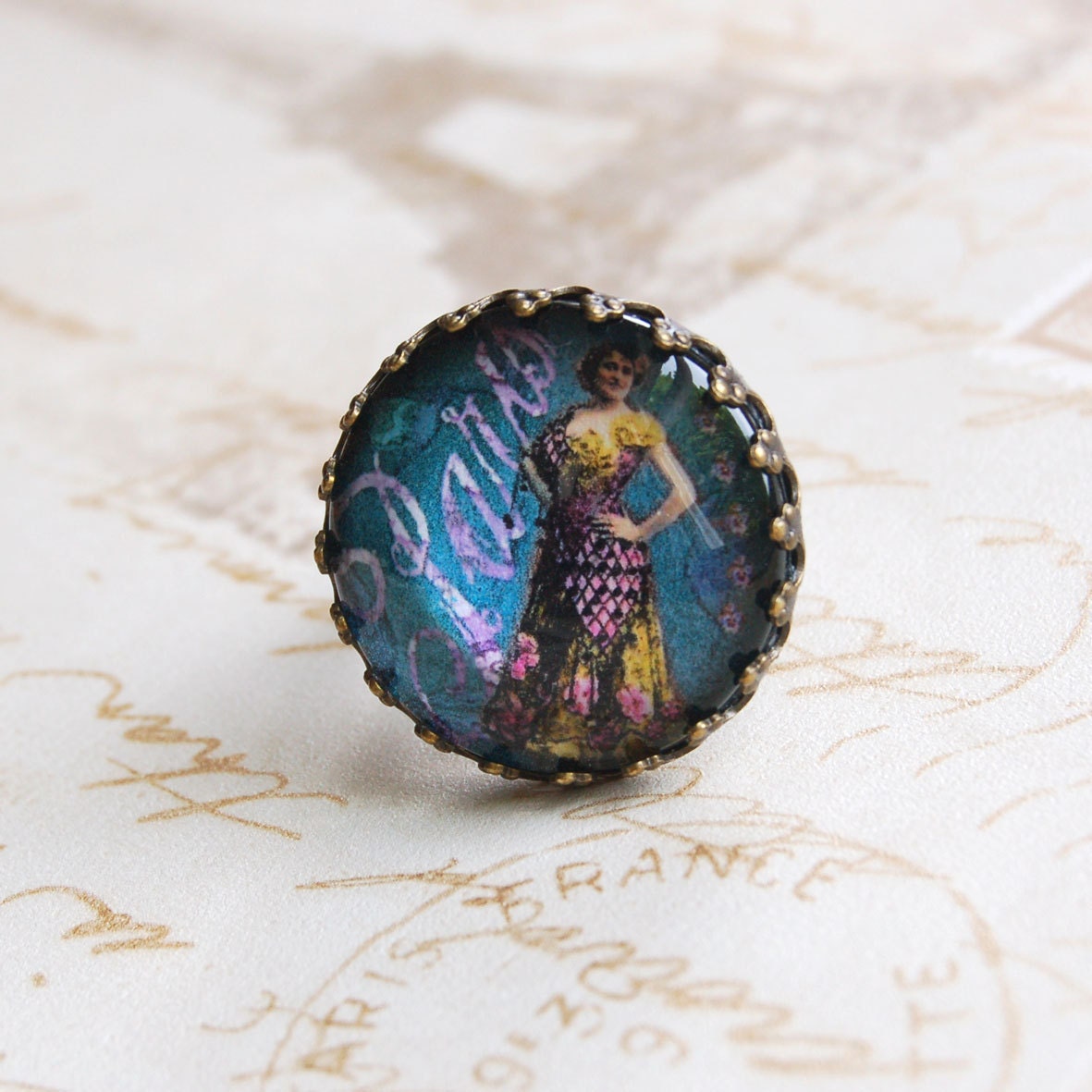 Paris Cameo Ring 'Eva' - Blue Modern Vintage Bronze Ring Victorian inspired digital collage