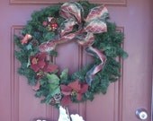 Poinsettias and pine cones Christmas Wreath  with burgundy, green with Gold edged wired ribbon