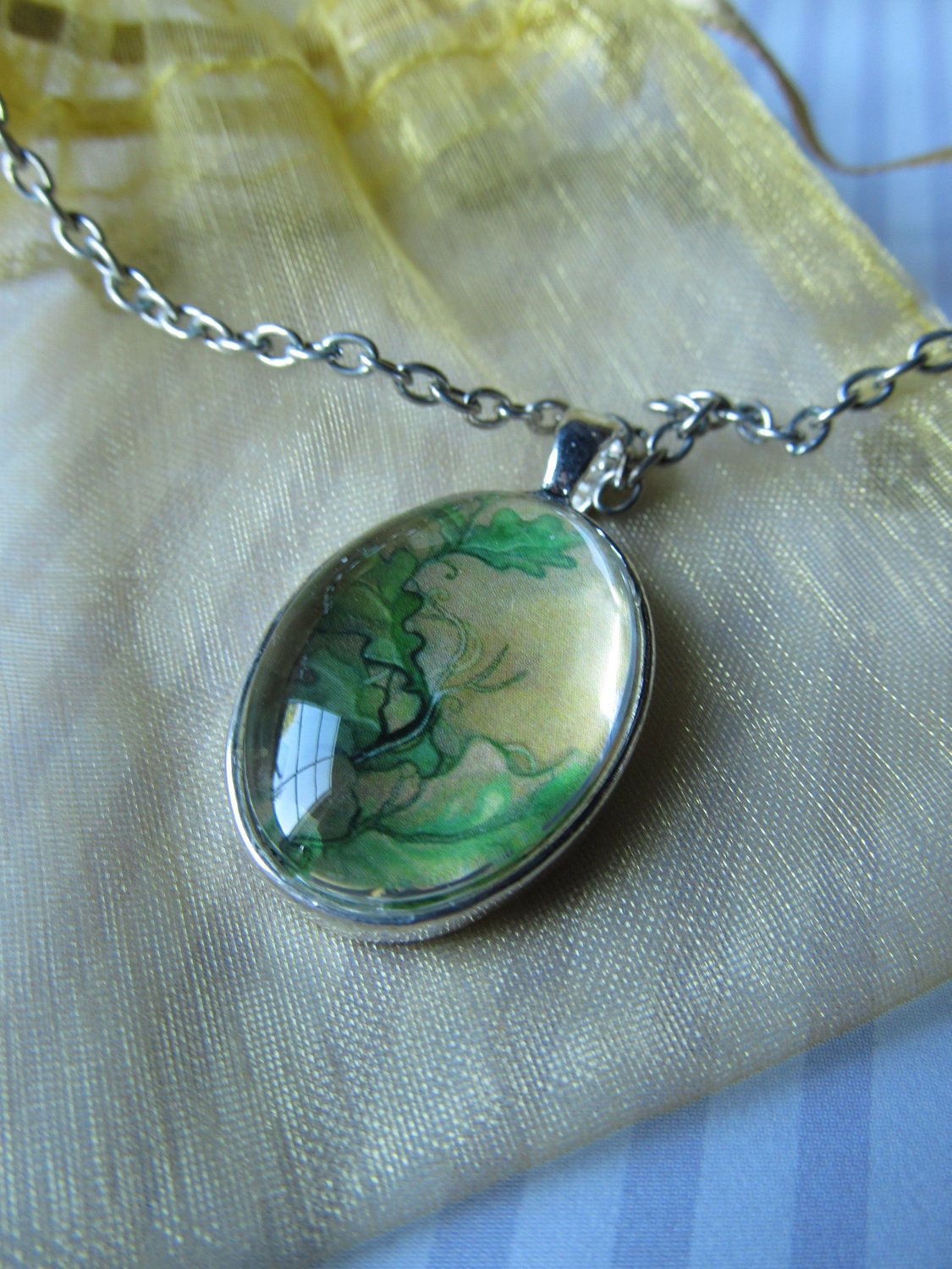 Green Oak Leaf Art Pendant with Silver Chain