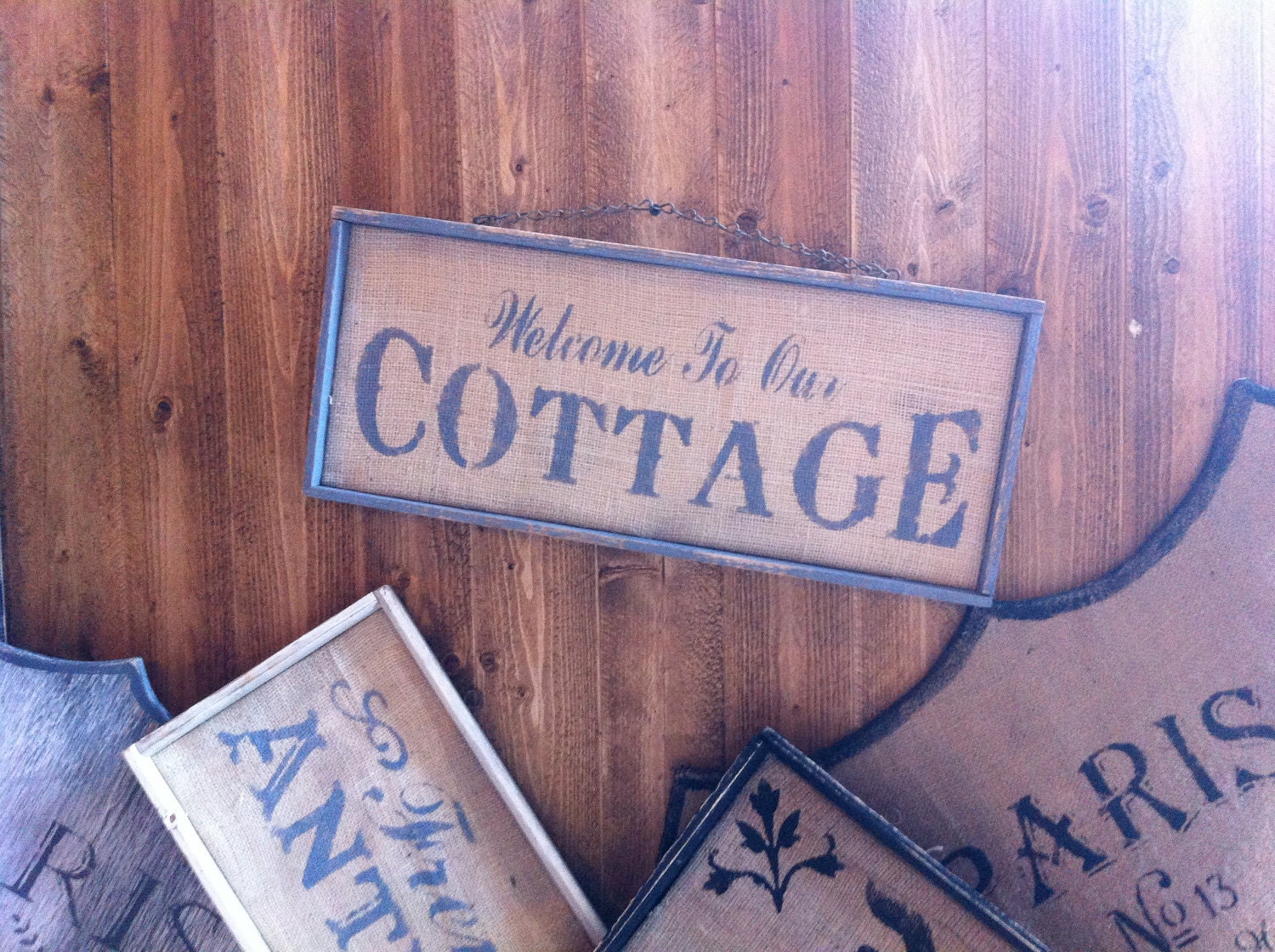 Shabby Chic Counrty Welcome to Our Cottage sign on natural burlap on wood frame customize FREE SHIPPING