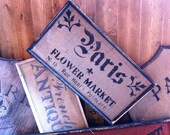French Country Paris Flower Market sign on natural burlap with wood frame FREE SHIPPING