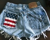 Levis high waist destroy denim shorts super frayed with US flag and studs size Sm