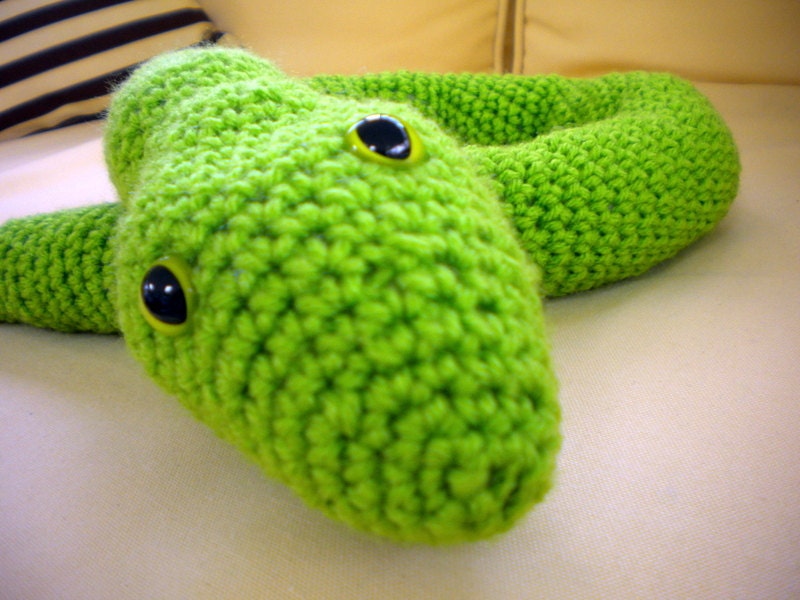 Big Green Crochet Amigurumi Snake, Ready to Adopt :)