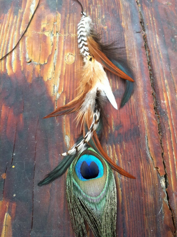 Peacock feather hair extension clip in