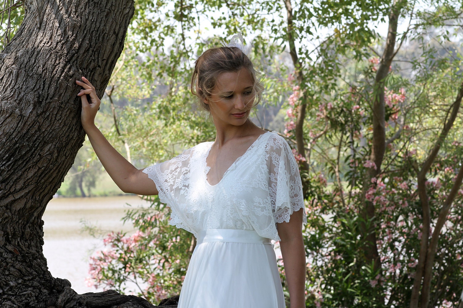 Maxi wedding dress with lace sleeves