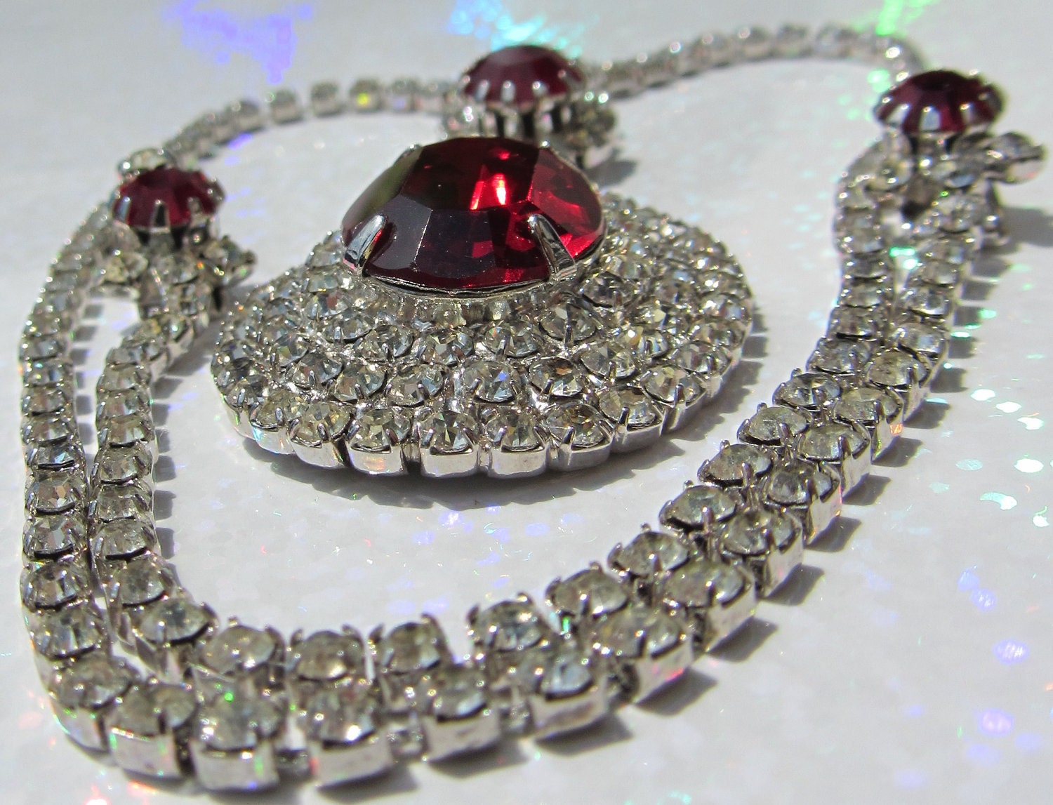 Vintage Jewelry Rhinestone and Simulated Ruby Stone Necklace