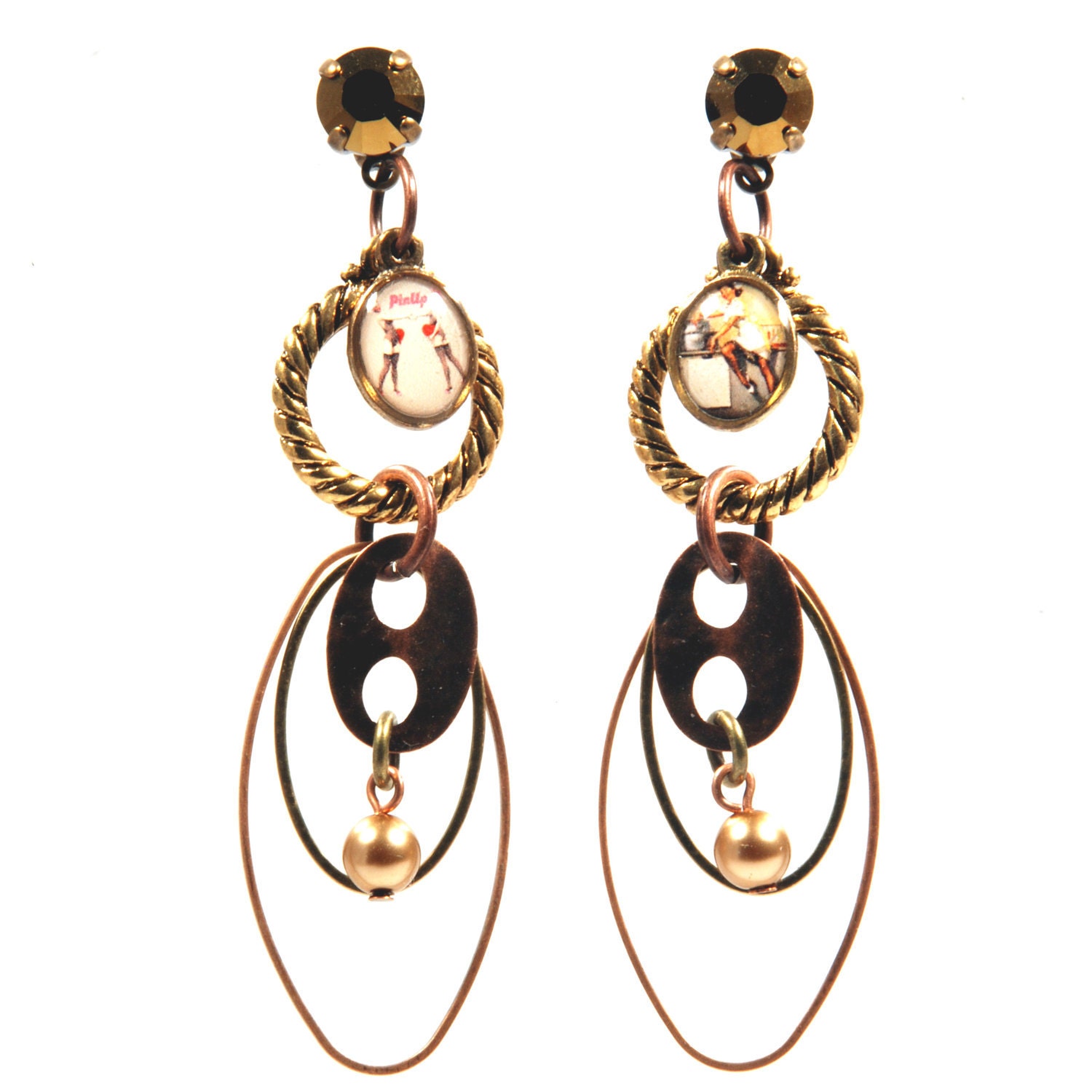 Long earrings brass - pin up - oval hoops - copper brass metal - Swarovski - burlesque style - bohemian style