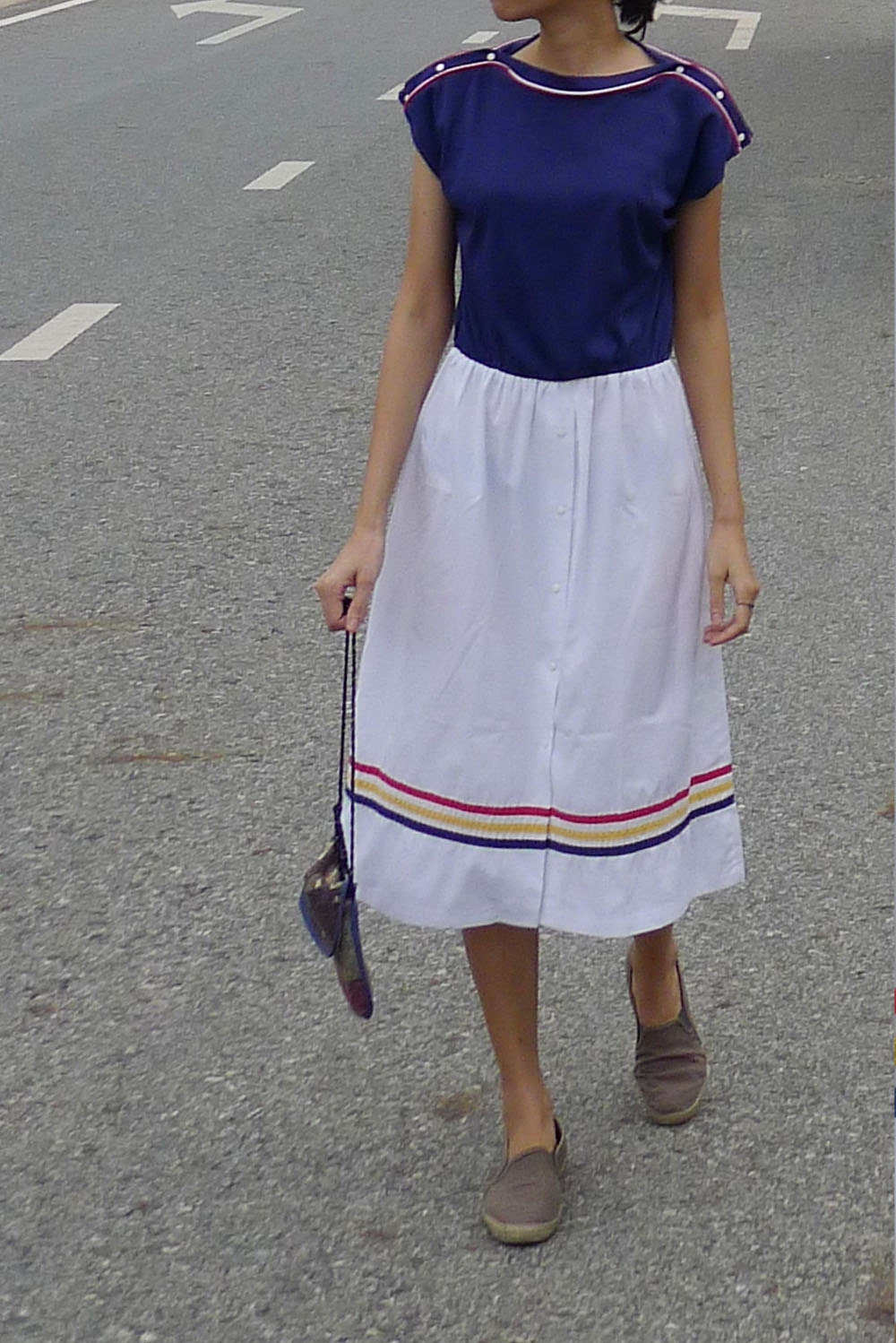 RESERVE FOR SARAH 1970's vintage navy and white boat neck dress with many buttons on shoulder and front, braided trim - nautical