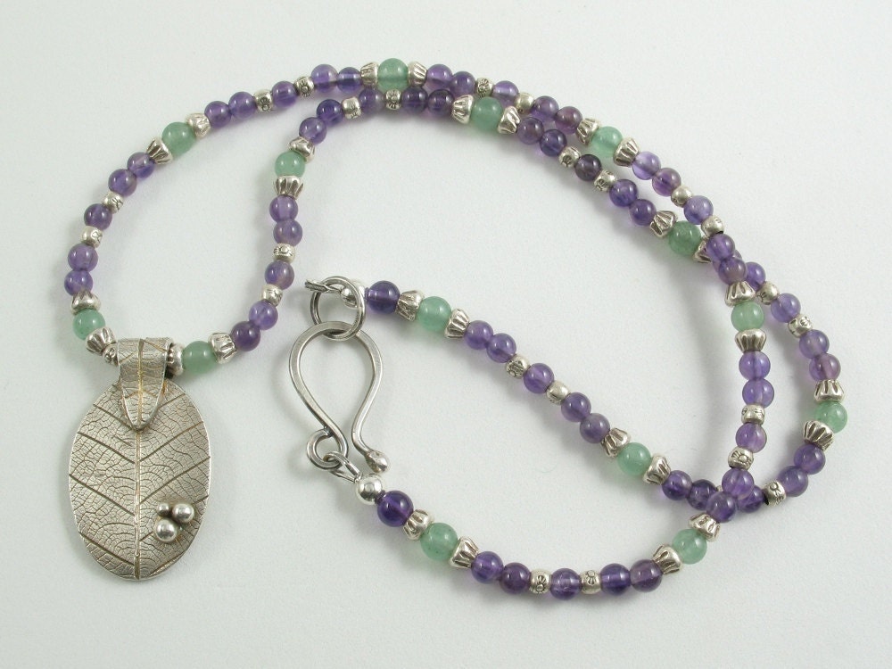 Fine Silver, Amethyst, & Aventurine Leaf Pendant Necklace