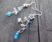 Flower, Crystal, Blue Agate, Moonstone Gemstone beads, Sterling Silver dangle Earrings