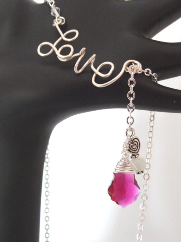 Silver LOVE Wire Wrapped Crystal Pendant Moonstone Heart Bead adjustable chain Necklace Wire Writing