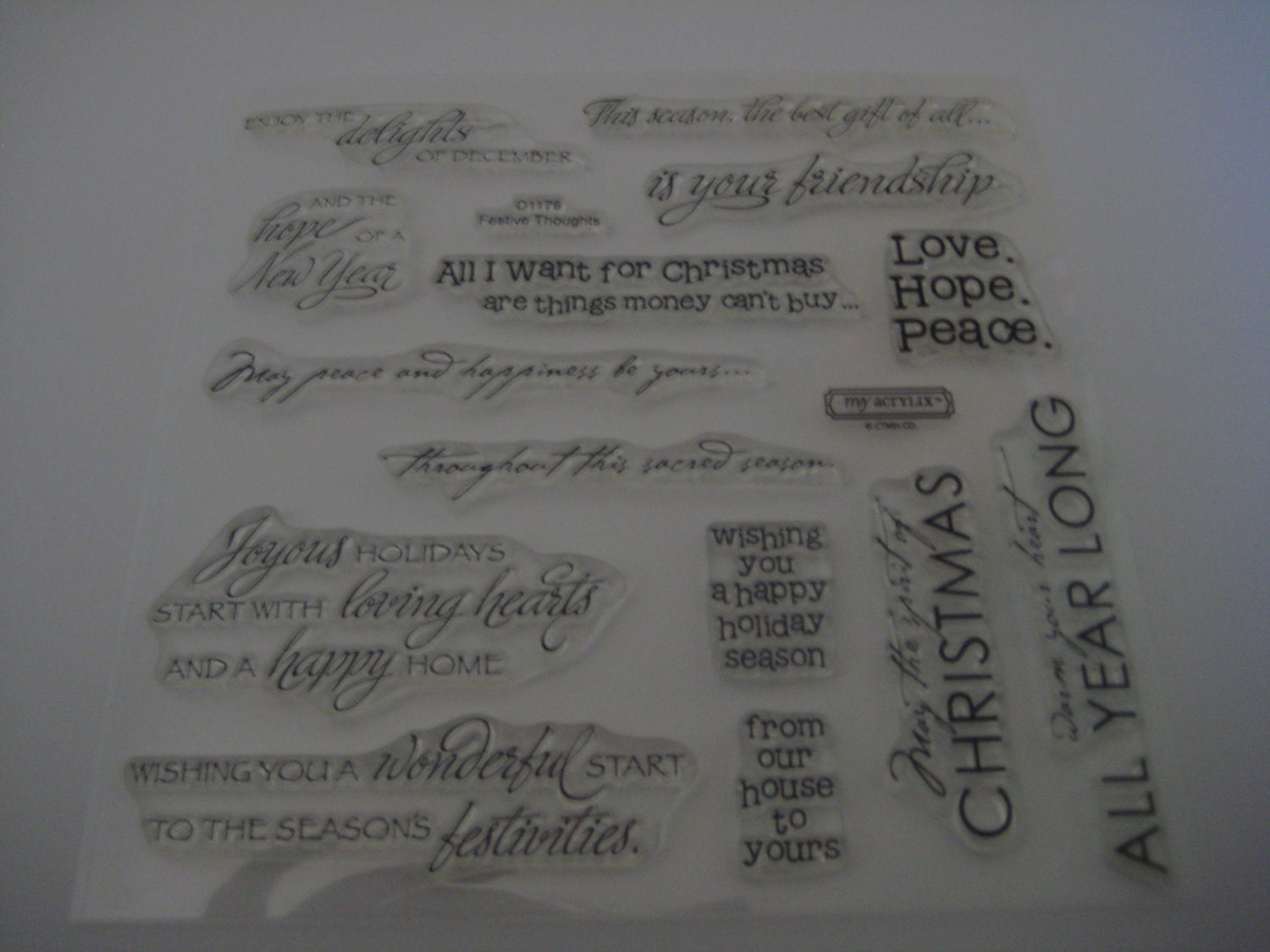 Close To My Heart D1179 Festive Thoughts Acrylic Stamp Set of 14, NEW, RETIRED, never used, ctmh