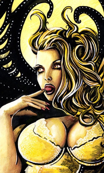 Winged Fantasy Pin Up - Gold - Original Painting by Gina King