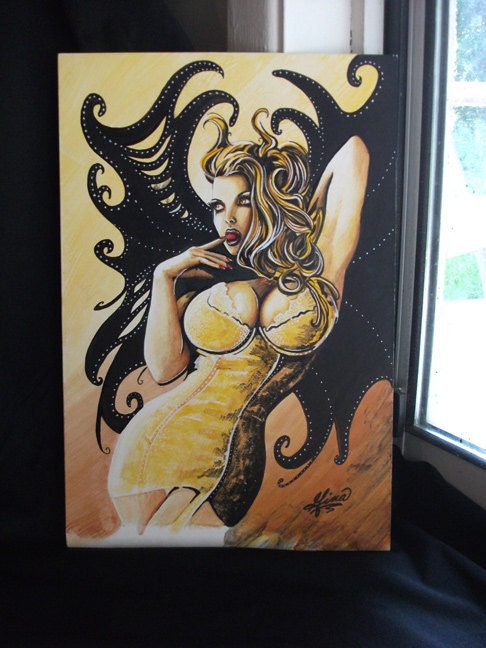 Winged Fantasy Pin Up - Gold - Original Painting by Gina King