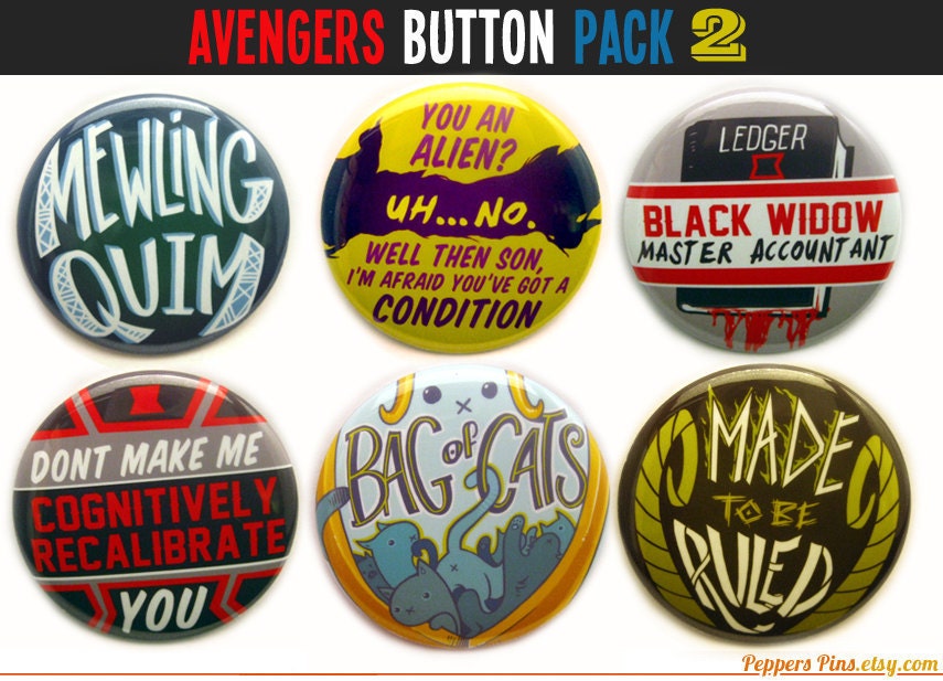 Avengers Pinback Buttons 2 - Set of Six 2" Avengers Buttons
