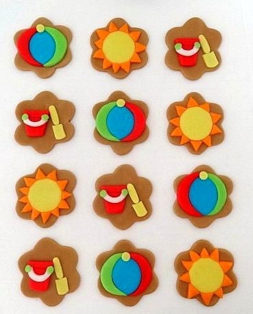 12 Fondant Edible Cupcake/Cookie Toppers - Beach Style/Pool party