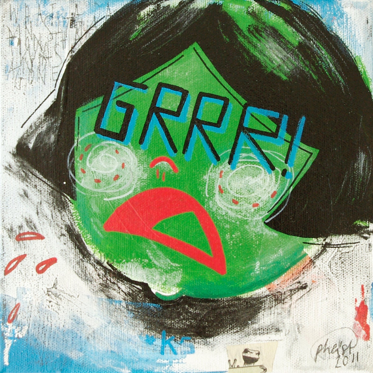 Original painting on canvas, grunge pop fine art / GRRR / 20 x 20