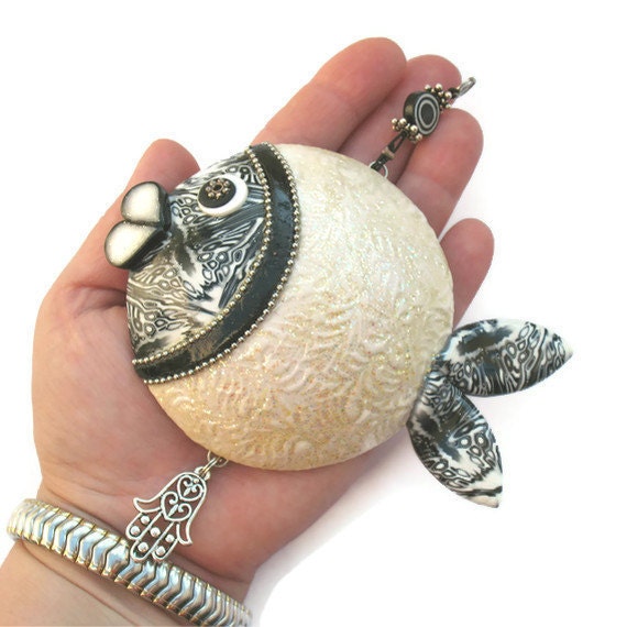 Wall decor fish white HAMSA, Handmade lucky fish, elegant fish of fortune with black, white, pearl, silver and greys, Polymer clay fish