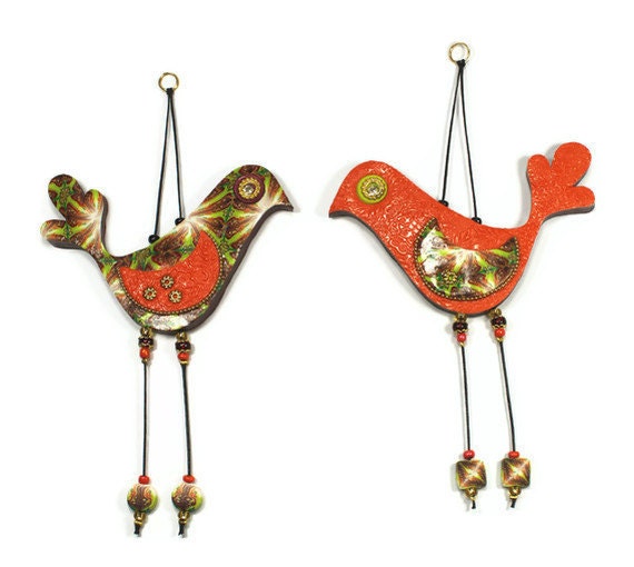 Love birds, elegant wall decor love birds, Handmade Polymer clay birds, Bird couple in maroon, green, orange, gold and red, romantic pair