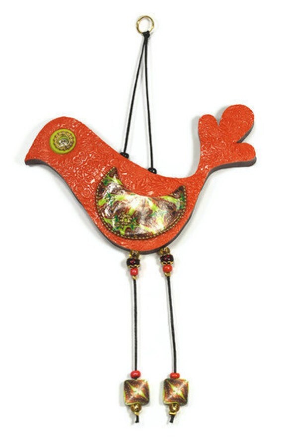 Love birds, elegant wall decor love birds, Handmade Polymer clay birds, Bird couple in maroon, green, orange, gold and red, romantic pair