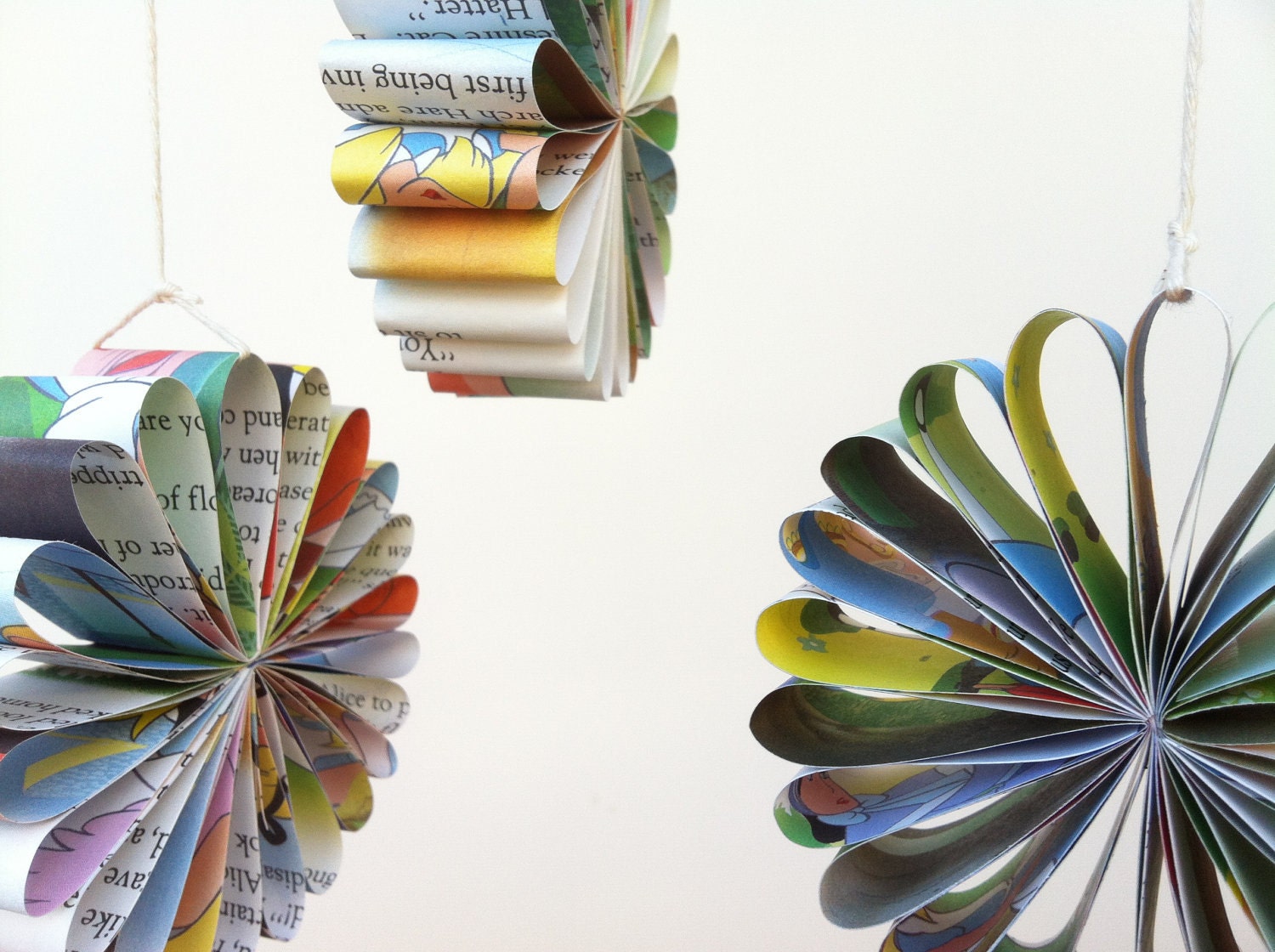 Vintage Picture Book hanging decos. Paper daisies for decorating your space.