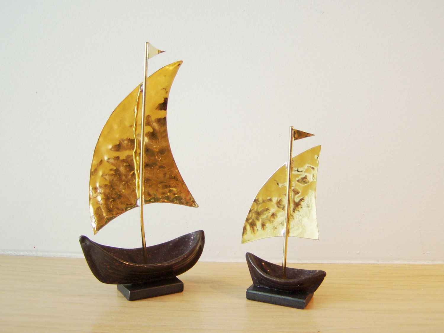 Brass sailboats  oxidised base golden hammered sails