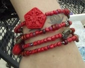 SALE Handmade Red & Bronze Chinese Memory Wire Bracelet