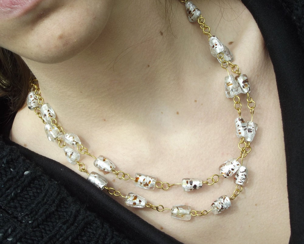 Handmade White & Brown Glass Bead Chain Double Strand Necklace