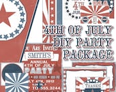 Patriotic 4th of July DIY Party Pack Decorations Invitation Cupcake Toppers Banner Straw Flags Buffet Cards Digital Download