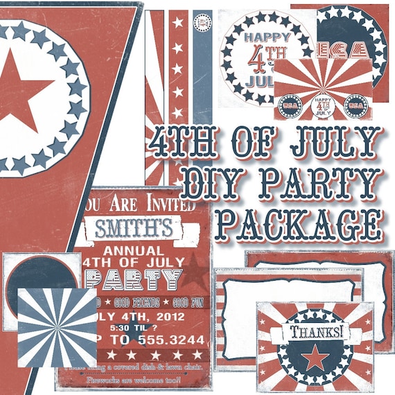 Patriotic 4th of July DIY Party Pack Decorations Invitation Cupcake Toppers Banner Straw Flags Buffet Cards Digital Download
