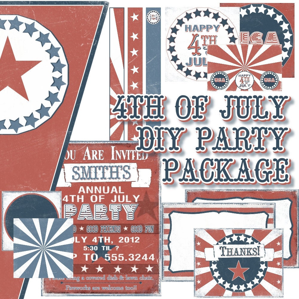 Patriotic 4th of July DIY Party Pack Decorations Invitation Cupcake Toppers Banner Straw Flags Buffet Cards Digital Download