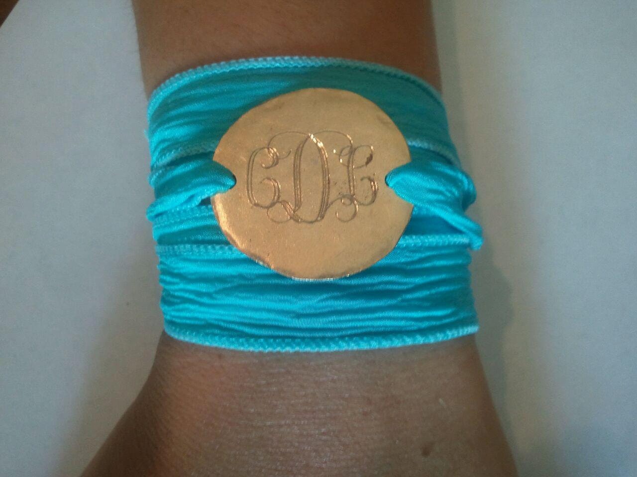 Turquoise Ribbon Bracelet with Gold Monogrammed Coin