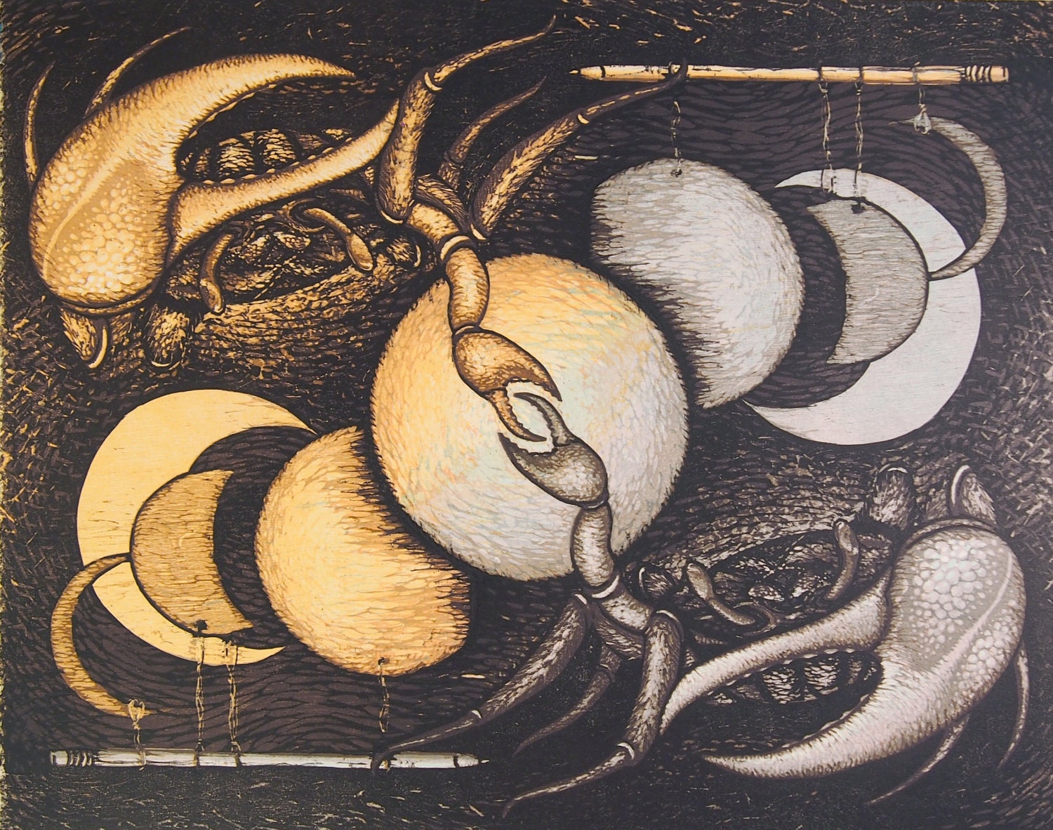 Transformative Process - original reductive woocut featuring crabs and paper moons by Carrie Lingscheit