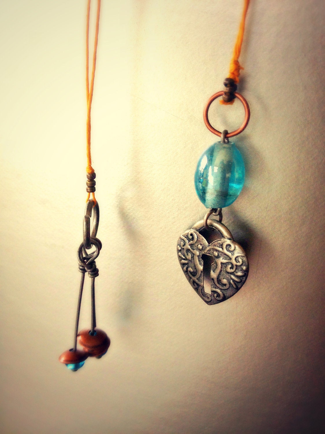 RESERVED Heart Lock and Triple Bead Charm Wax Hemp Bookmark