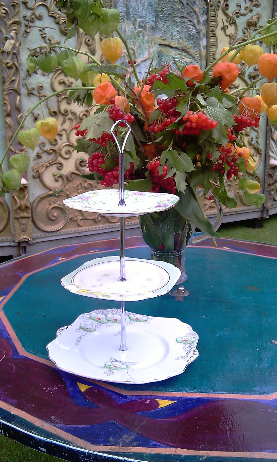 3 tier cake stand made from pretty vintage English plates with white gift box