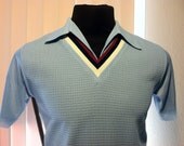1960's 70's Richman Brothers Polyester Medium Light Blue V Neck Mens Shirt