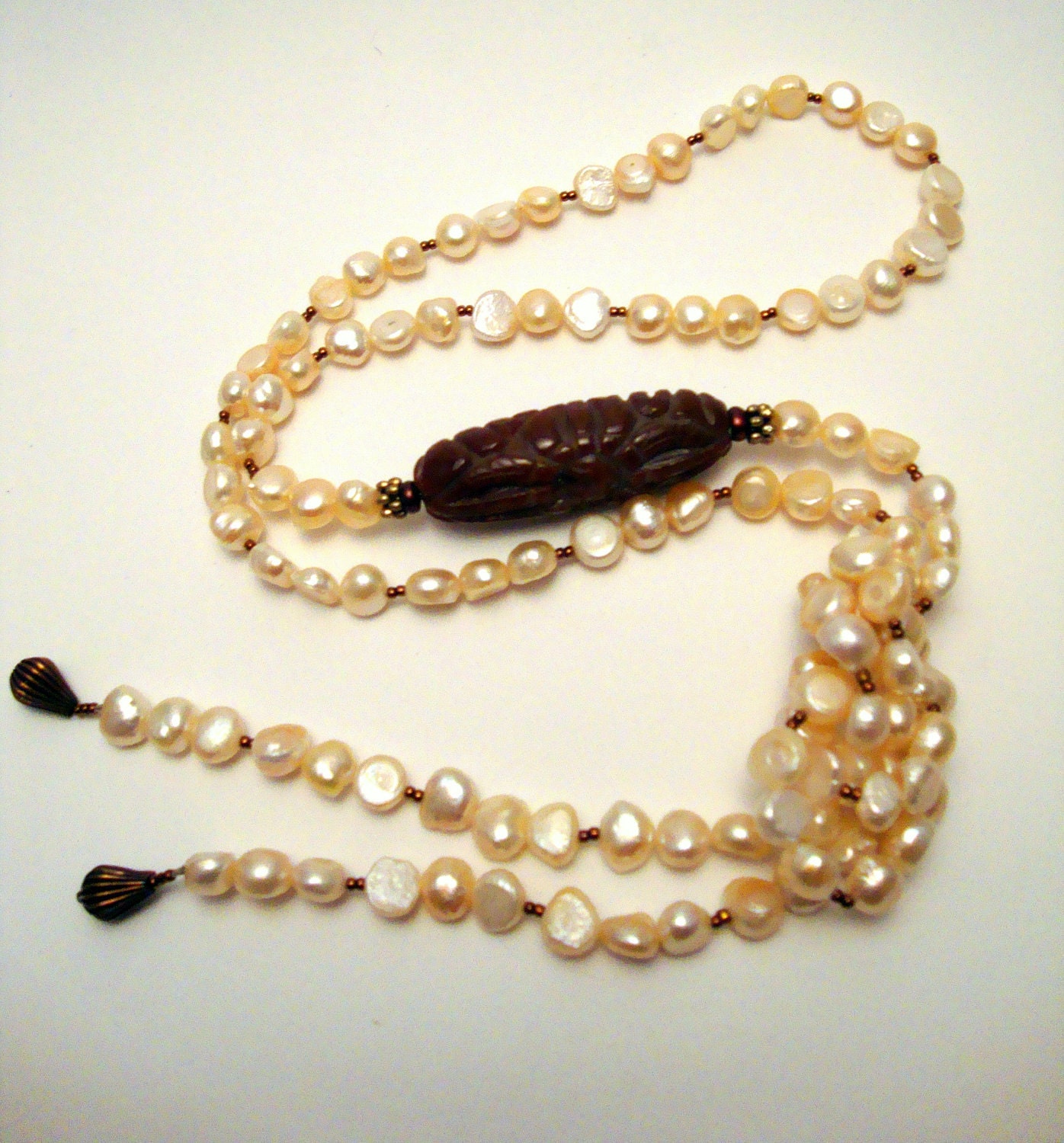 Freshwater Pearl Beaded Necklace, Carnelian Gemstone Bead, Copper Seed Beads