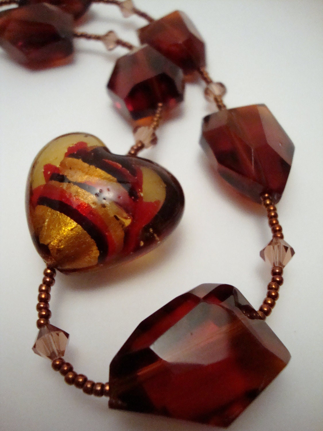 Glass Heart Bead Necklace, Topaz Crystal Necklace, Gemstone Statement Necklace
